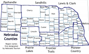 Labeld Nebraska Regions and Counties map